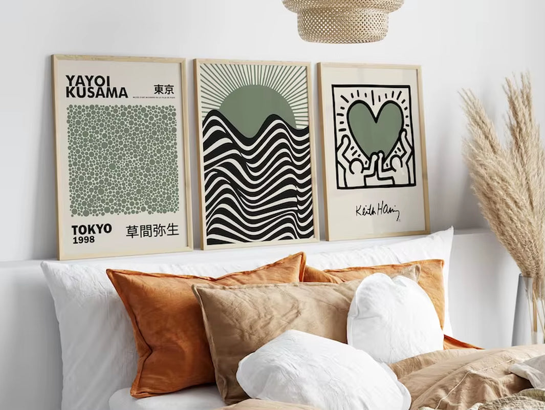 Yayoi Kusama and Bauhaus Style Decorative Painting Green Wall Art Poster Beige Wall Art Poster Famous Artist Painting Posters
