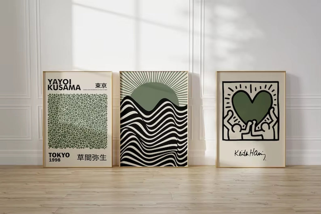 Yayoi Kusama and Bauhaus Style Decorative Painting Green Wall Art Poster Beige Wall Art Poster Famous Artist Painting Posters