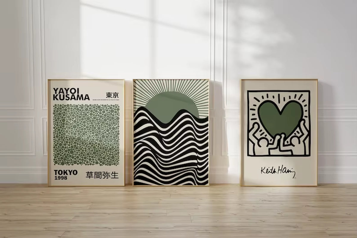 Yayoi Kusama and Bauhaus Style Decorative Painting Green Wall Art Poster Beige Wall Art Poster Famous Artist Painting Posters