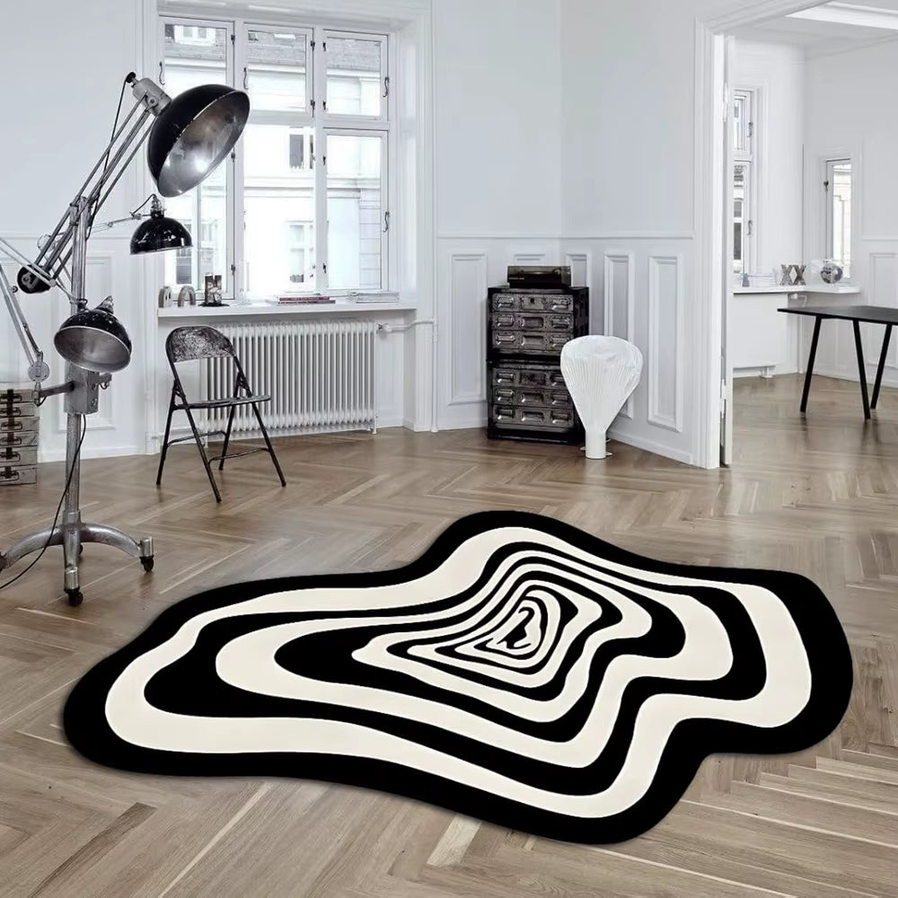 VIKAMA Trendy Creative Irregular Black and White Abstract Carpet for Living Room Coffee Table and Floor Mat Home Decoration
