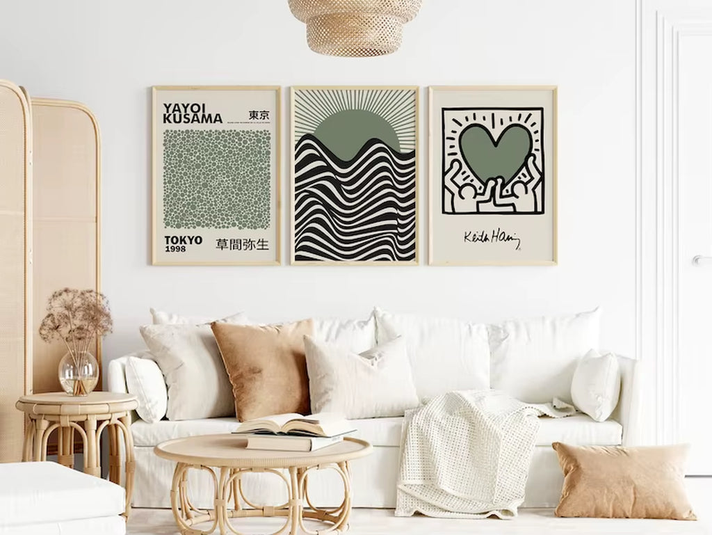 Yayoi Kusama and Bauhaus Style Decorative Painting Green Wall Art Poster Beige Wall Art Poster Famous Artist Painting Posters